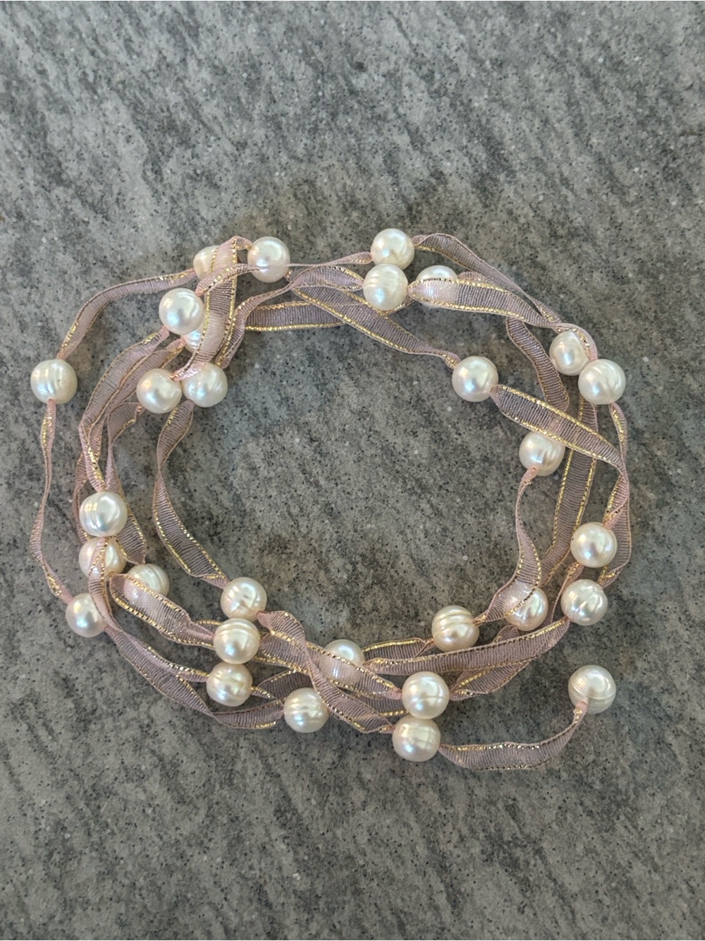 Freshwater Pearls and Ribbon Open Necklace/Hair Ornament in Light Pink